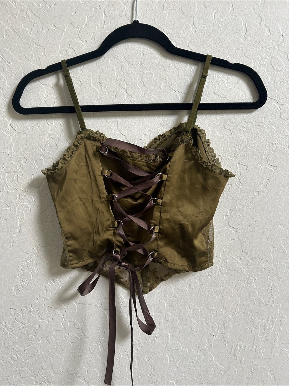 Olive Green Lace Appliqué Bustier Top with matching ribbon corset back - Picture 3 of 3